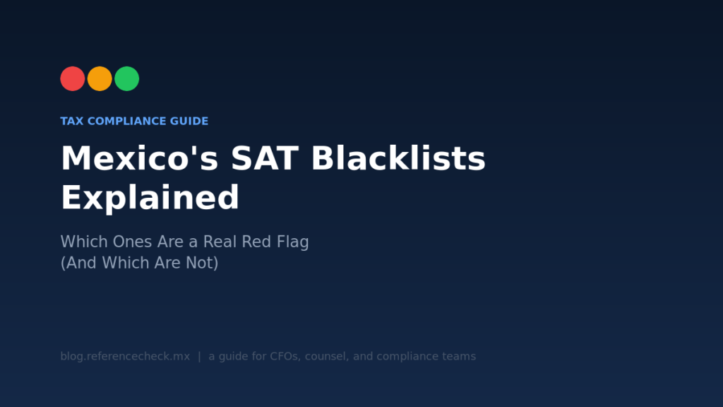 Visual cover for 'Mexico's SAT Blacklists Explained' — a due diligence guide for CFOs, counsel, and compliance teams