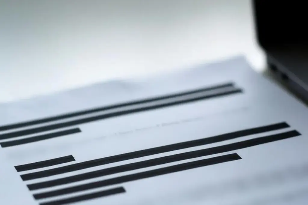 Printed document with lines of text covered by redaction bars on a desk