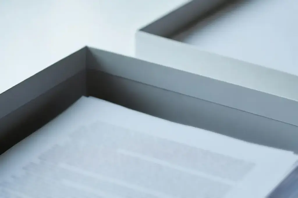 Printed documents inside an archival box on a desk